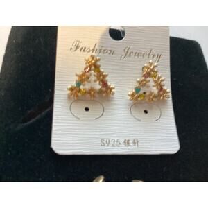 4217 NIP S925 Crystal Rhinestone Flower Triangle Earrings Gold w/Sterling Silver